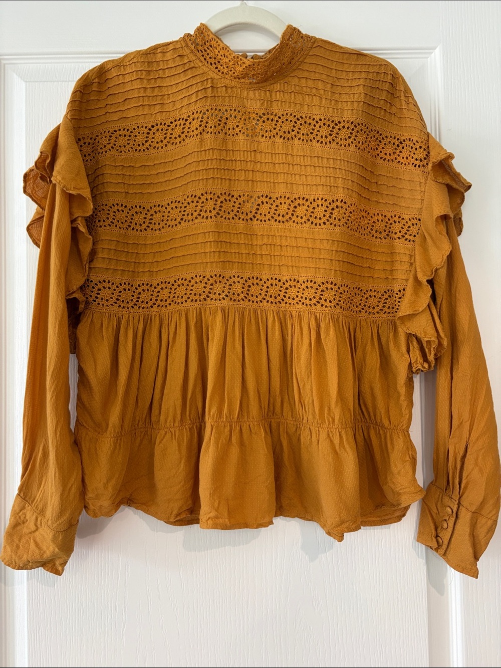 Free People Mustard Eyelet Smocked Ruffle Blouse